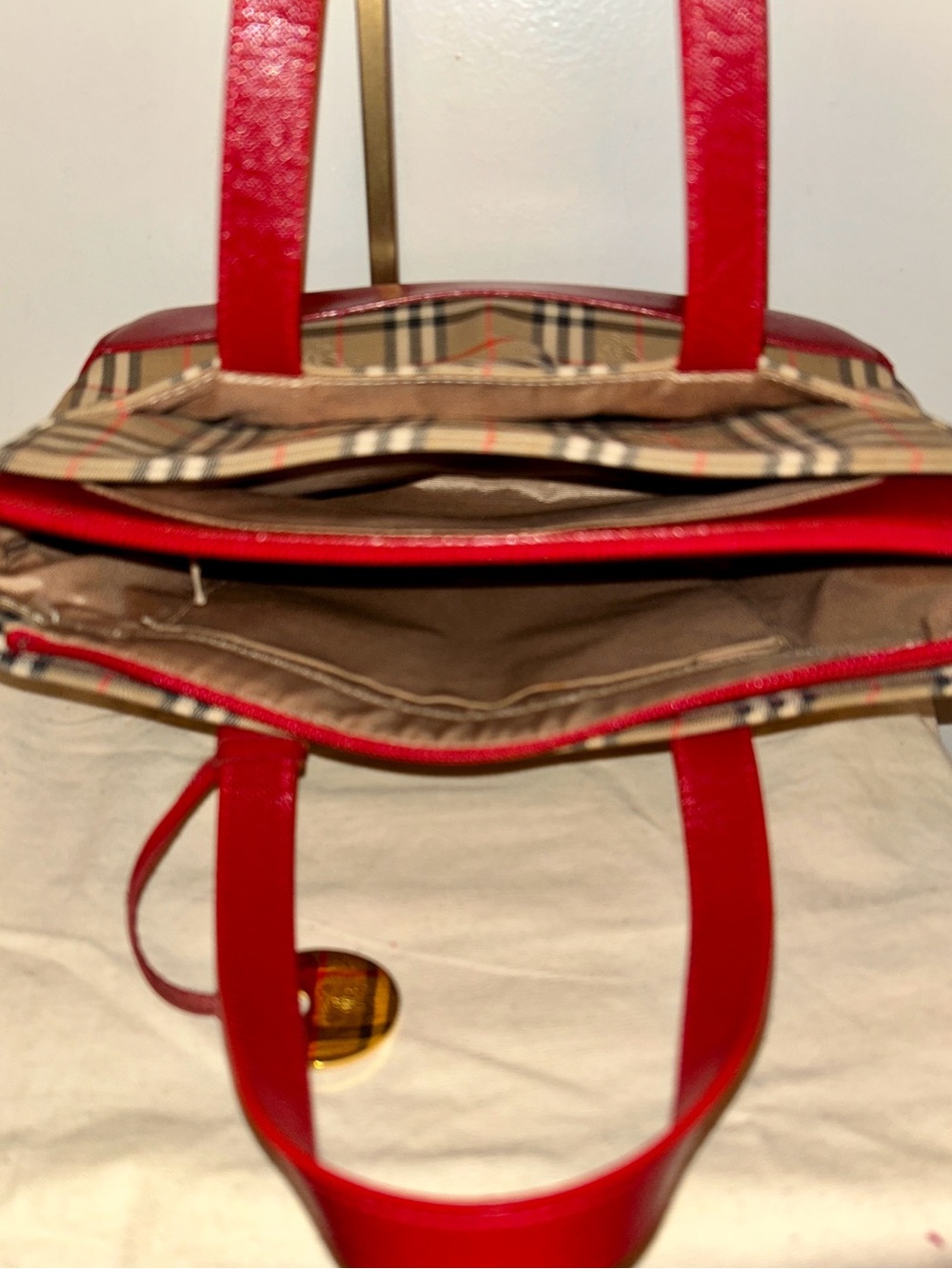 Burberry. Haymarket Check Canvas Tote Bag featuring vibrant red leather trim. - Picture 12 of 12